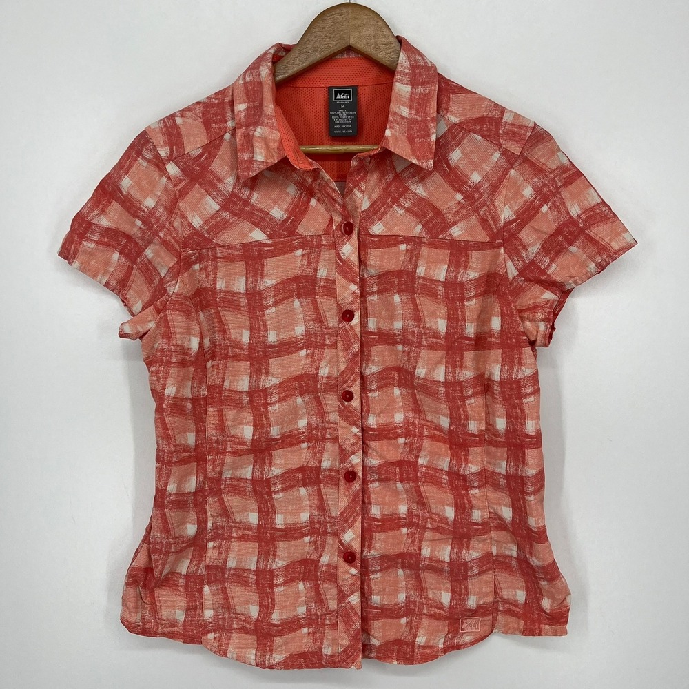 REI Womens Orange Plaid Short Sleeve Hiking Button Up Shirt Size Medium